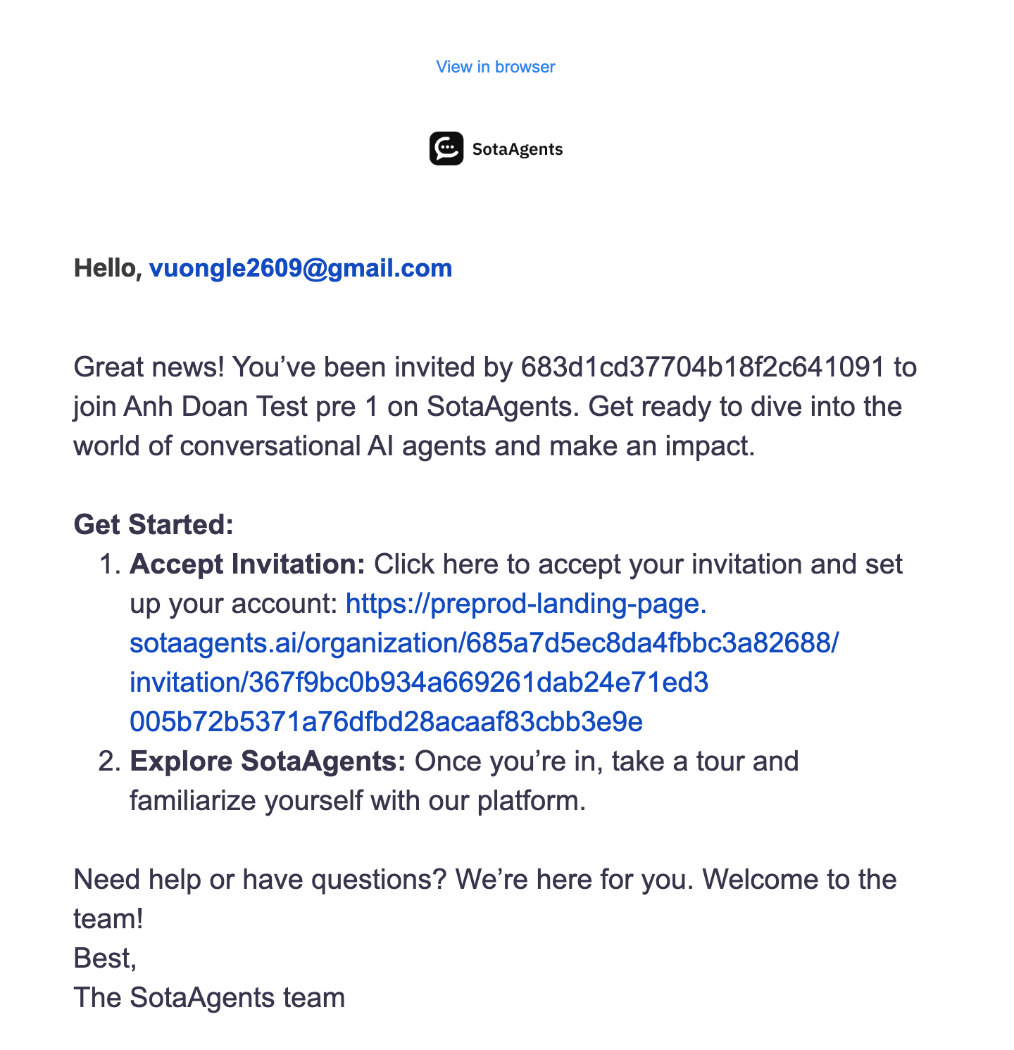 Invitation email with Accept Invitation button highlighted